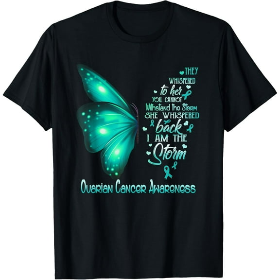 I am the storm Ovarian Cancer Awareness Butterfly T-ShirtMen's and women's gift, black and white T-shirt, size: Extra large S-4XL