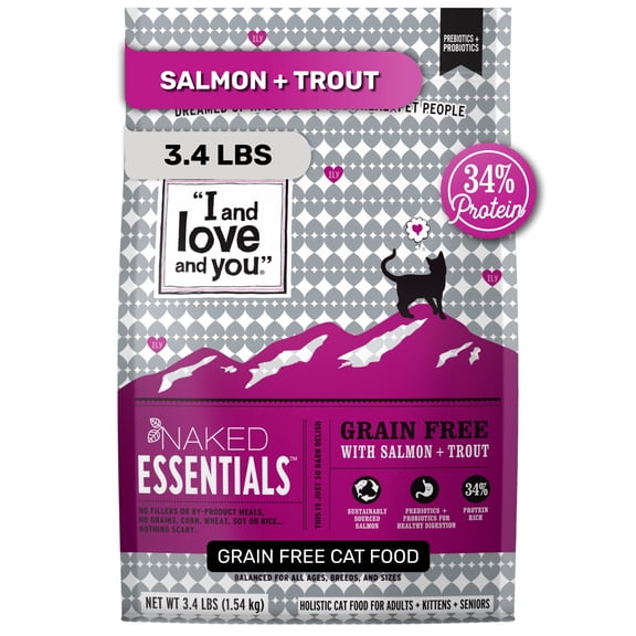 "I and love and you" Naked Essentials Trout & Salmon Flavor Dry Cat Food, Grain-Free, 3.4 lb. Bag