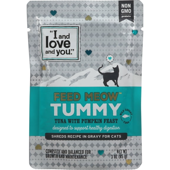 (6 pack) "I and love and you" Feed Meow Wet Cat Food Toppers, Tummy Formula with Tuna and Pumpkin, Digestive Support, Grain Free, No Fillers, Prebiotics and Probiotics, 3oz Pouch