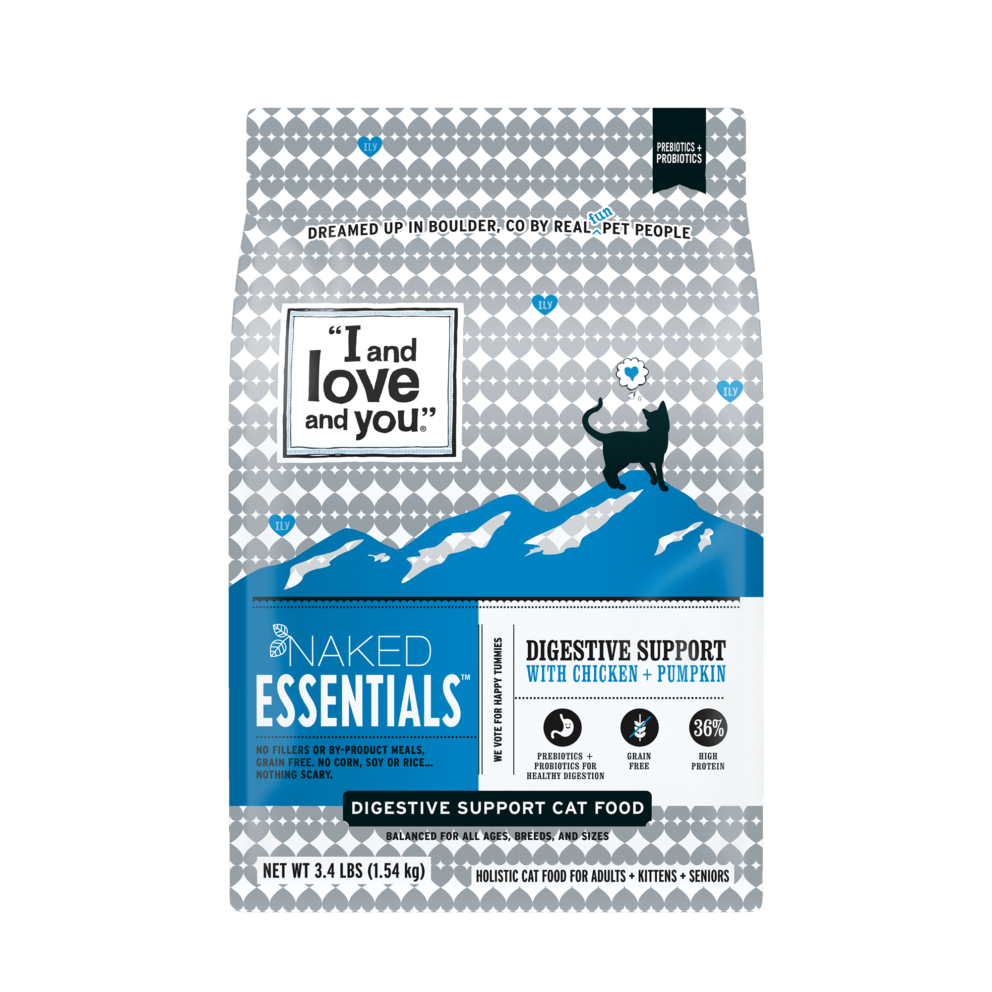 "I and love and you" Naked Essentials Dry Cat Food, Digestive Support Chicken and Pumpkin Recipe, Grain Free, Real Meat, No Fillers, 3.4 lb Bag