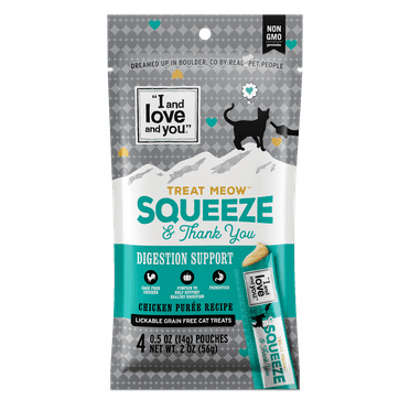 "I and love and you" Treat Meow Squeeze & Thank You Treat, Digestion Support Chicken Purée, 4 Ct.