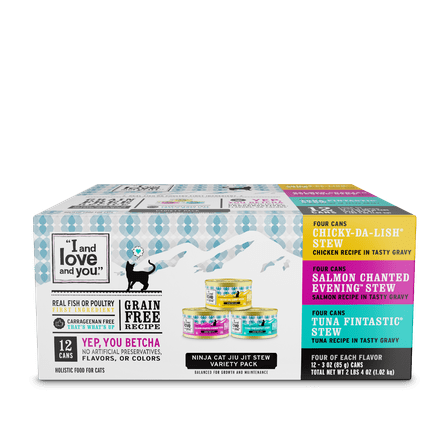 "I and love and you" Wet Cat Food Variety Pack; Chicky-Da-Lish, Salmon Chanted Evening, Tuna Fintastic