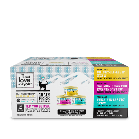 "I and love and you" Wet Cat Food Variety Pack; Chicky-Da-Lish, Salmon Chanted Evening, Tuna Fintastic