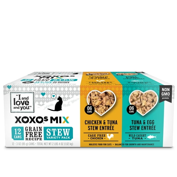 "I and love and you" XOXOs Chicken/Tuna Stew Grain Free Canned Cat Food Variety Pack, 3 oz Cans, 12 pk