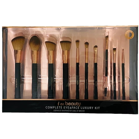 I on beauty Complete Eye & Face Luxury Kit 10 piece Kit Includes Angle Blush-Contour Definition- Powder-Foundation-Blending-Defined Concealer-Smudger-Spoolie/Define-Flat Liner- Eye Liner