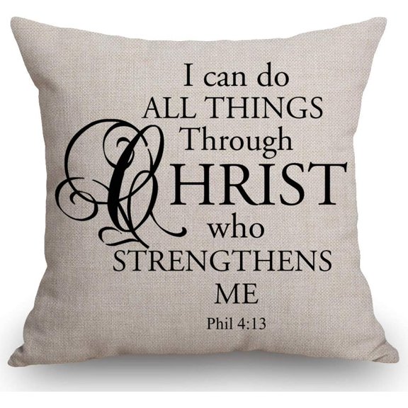 I can do All Things Through Christ who Strengthens me Inspiration Quote Throw Pillow Cover Farmhouse Cushion Case for Sofa Couch 18x18 Inches Cotton Linen 18x18 inches