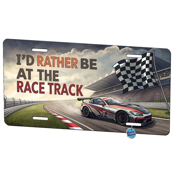 I'd Rather Be At The Race Track Checkered Flag Metal Novelty License Plate