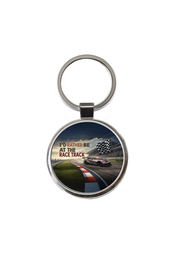 I'd Rather Be At The Race Track Checkered Flag Metal Round Keychain