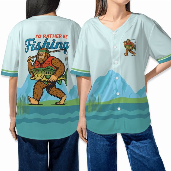 I’d Rather Be Fishing Baseball Jersey Shirt – Funny Bigfoot Fisherman Shirt, Outdoor Camping Sasquatch Jersey for Fishing Lovers