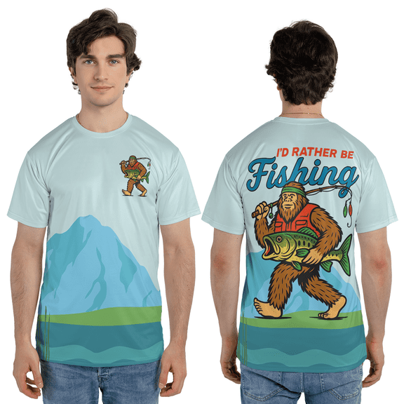 I’d Rather Be Fishing Bigfoot 3D T-Shirt, Funny Sasquatch Fishing 3D Tee, Bigfoot Camping Hiking 3D Print Shirt