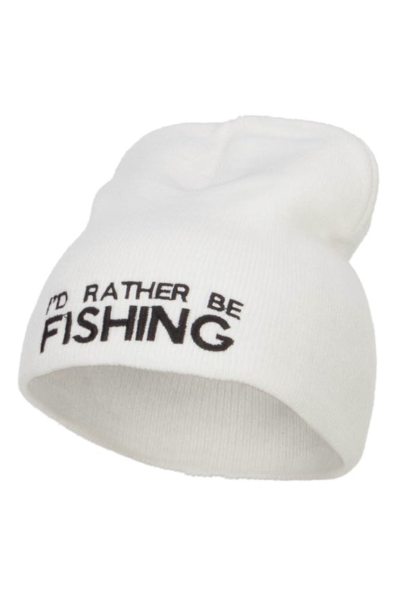 I'd Rather Be Fishing Embroidered Short Beanie - White OSFM