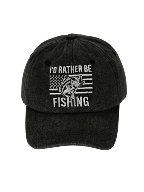 I'd Rather Be Fishing Embroidered Washed Baseball Cap, American Flag & Fish Pattern Vintage Soft Adjustable Hat for Men Women Outdoor Fishing