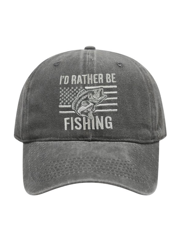 I'd Rather Be Fishing Embroidered Washed Baseball Cap, American Flag & Fish Pattern Vintage Soft Adjustable Hat for Men Women Outdoor Fishing