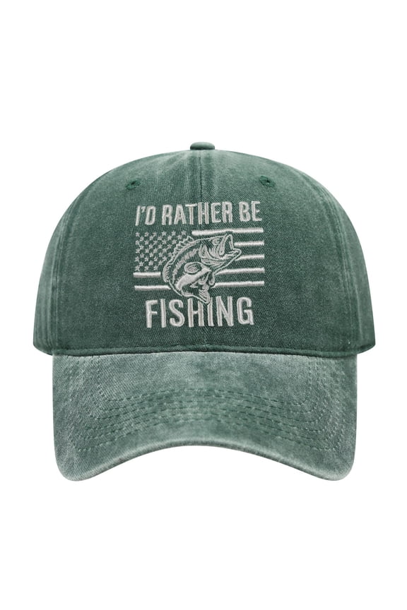 I'd Rather Be Fishing Embroidered Washed Baseball Cap, American Flag & Fish Pattern Vintage Soft Adjustable Hat for Men Women Outdoor Fishing