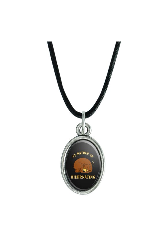 I'd Rather Be Hibernating Sleeping Bear Funny Humor Antiqued Oval Charm Pendant with Black Satin Cord