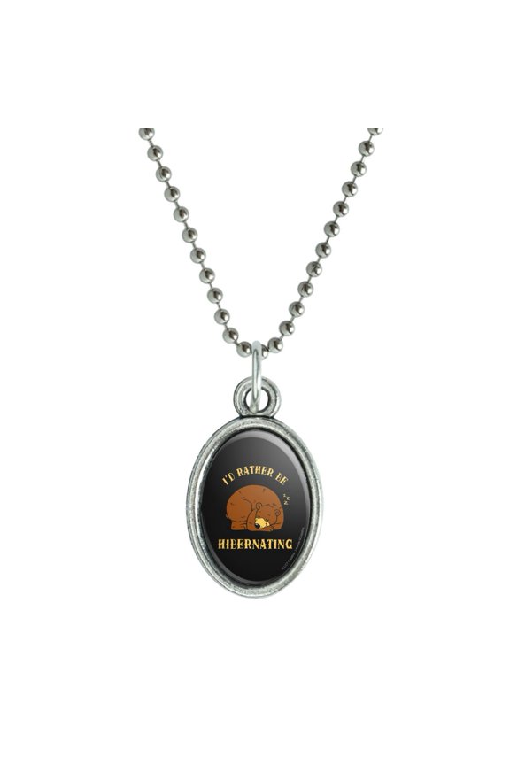 I'd Rather Be Hibernating Sleeping Bear Funny Humor Antiqued Oval Charm Pendant with Chain