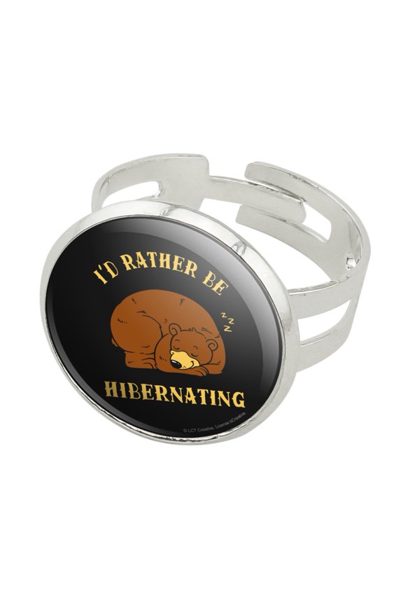 I'd Rather Be Hibernating Sleeping Bear Funny Humor Silver Plated Adjustable Novelty Ring