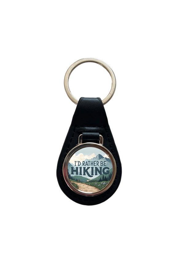 I'd Rather Be Hiking Trails Mountains Metal Black Leather Keychain