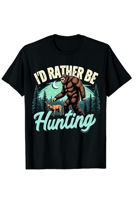 I'd Rather Be Hunting Camo Deer Bigfoot Sasquatch Graphic Black T-Shirt for Men and Women