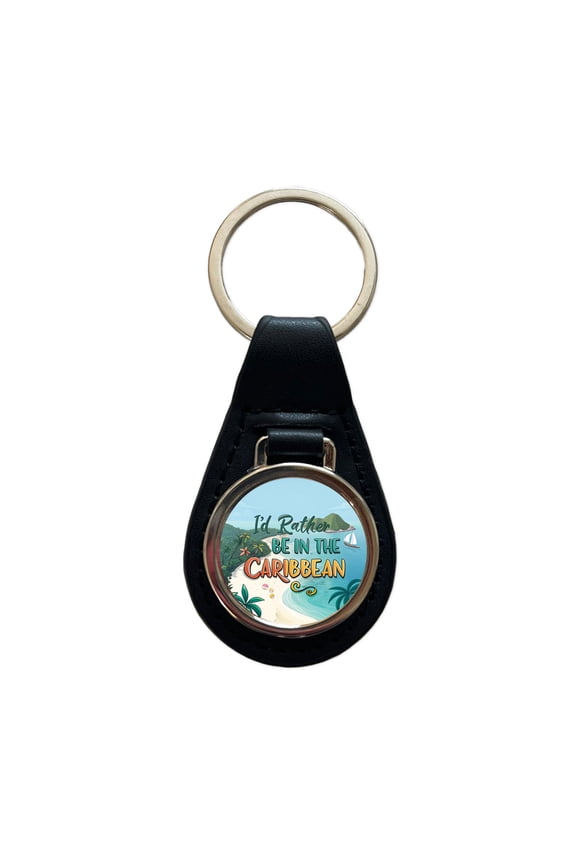 I'd Rather Be In The Caribbean Metal Black Leather Keychain