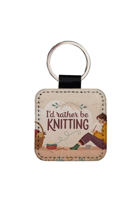 I'd Rather Be Knitting Basket of Yarn Faux Leather Square Keychain