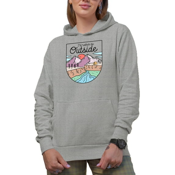 I'd Rather Be Outside with Mountains, River & Tent Outdoorsy Line Art Merch Gift, Heather Grey Hooded Sweatshirt or Hoodie, Large