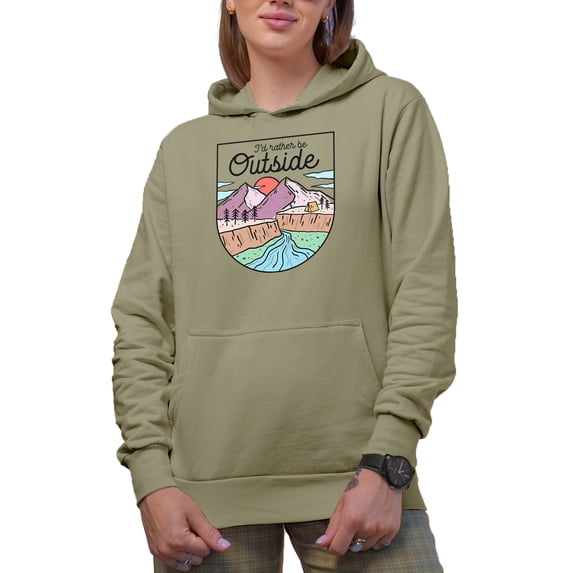 I'd Rather Be Outside with Mountains, River & Tent Outdoorsy Line Art Merch Gift, Sand Hooded Sweatshirt or Hoodie, XL