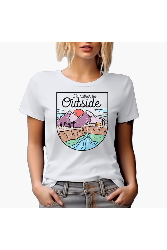 I'd Rather Be Outside with Mountains, River & Tent Outdoorsy Line Art Merch Gift, White T-Shirt, Large