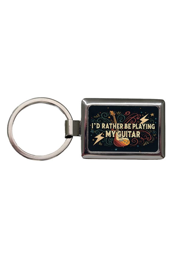 I'd Rather Be Playing My Guitar Rock And Roll Metal Rectangle Keychain