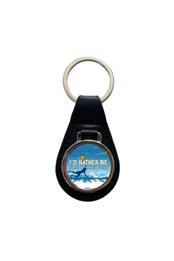 I'd Rather Be Playing Water Polo Metal Black Leather Keychain