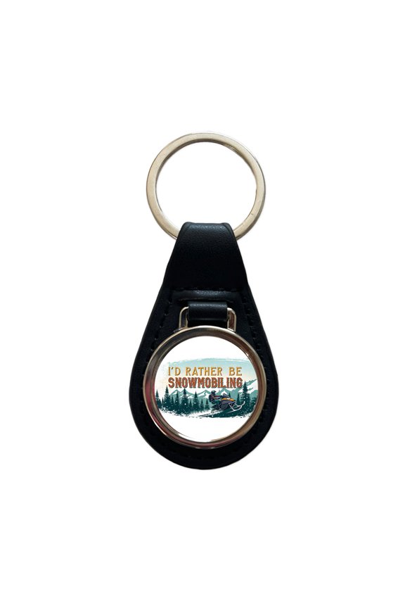I'd Rather Be Snowmobiling Snowmobile Metal Black Leather Keychain