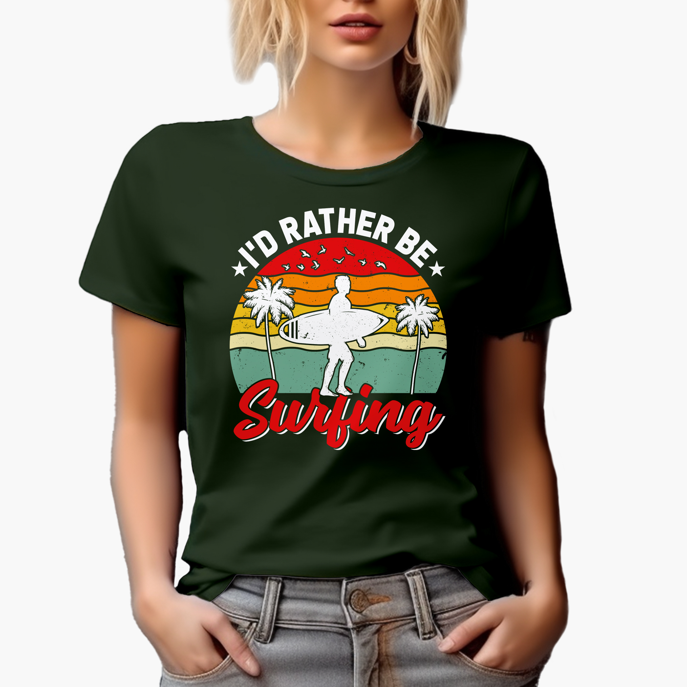 I'd Rather Be Surfing, Surfer, Military Green T-Shirt, Medium