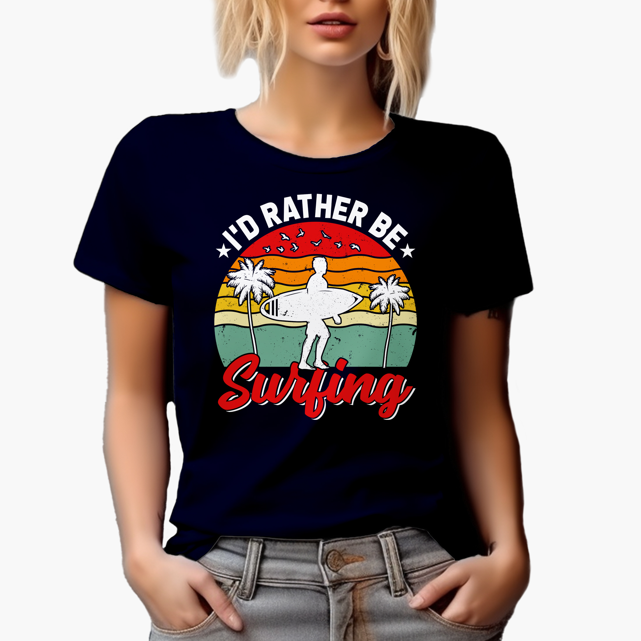 I'd Rather Be Surfing, Surfer, Navy Blue T-Shirt, Small