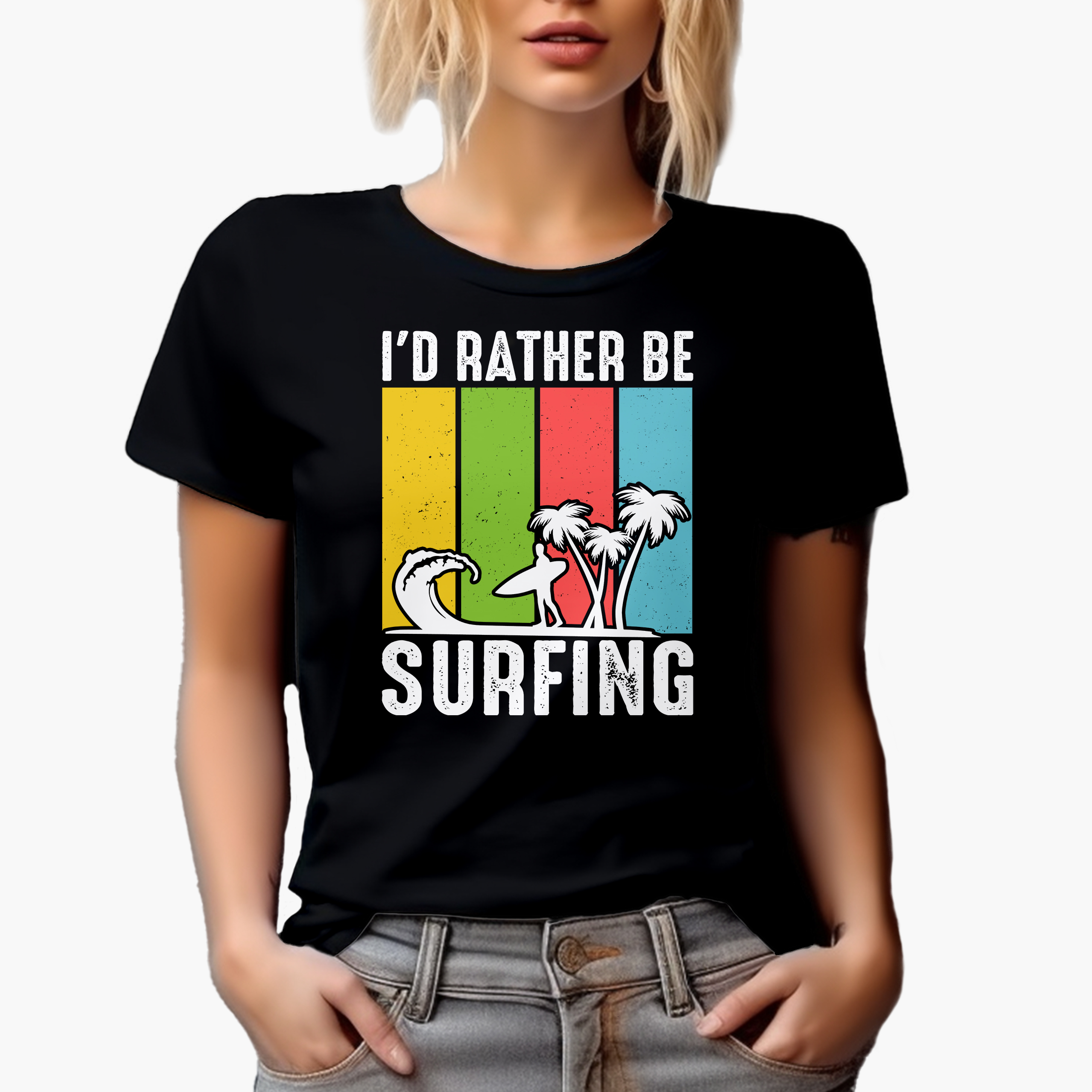 I'd Rather Be Surfing, Surfer or Surf Enthusiast, Black T-Shirt, XL