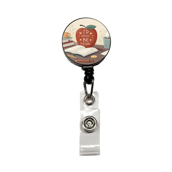 I'd Rather Be Teaching Apple Books Desk Retractable Reel ID Badge Key Card Name Tag Holder with Clip
