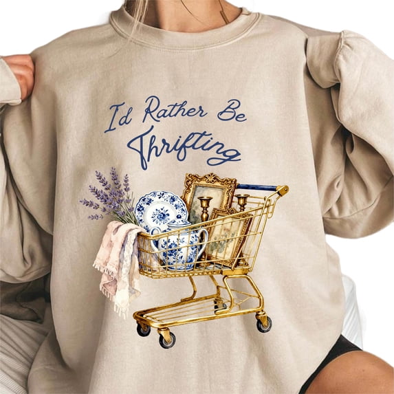 I’d Rather Be Thrifting Sweatshirt – Cute Thrift Cart Quote Sweater, Vintage Shopping Lover Graphic Crewneck, Cozy Casual Pullover for Women