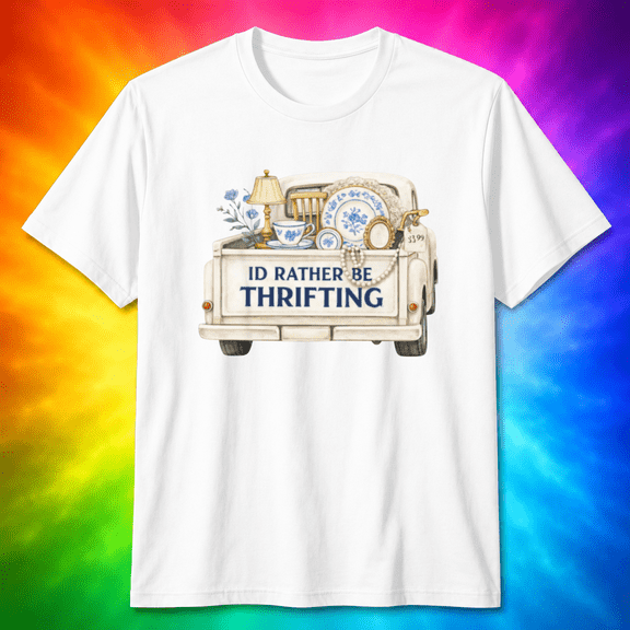 I'd Rather Be Thrifting Vintage Truck Blue White Porcelain T-shirt, for men & women, S-5XL