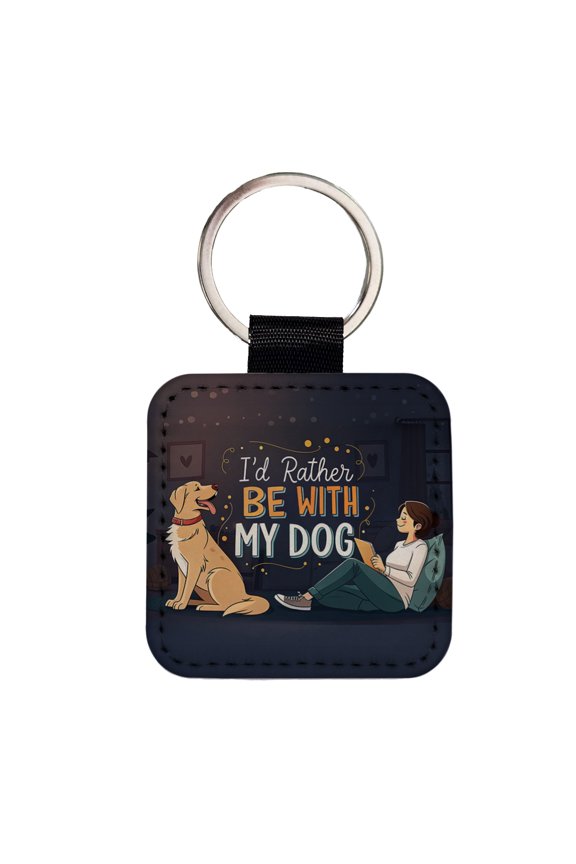 I'd Rather Be With My Dog Funny Faux Leather Square Keychain