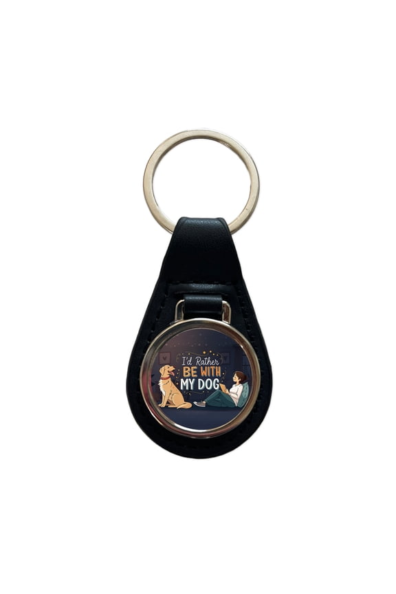 I'd Rather Be With My Dog Funny Metal Black Leather Keychain