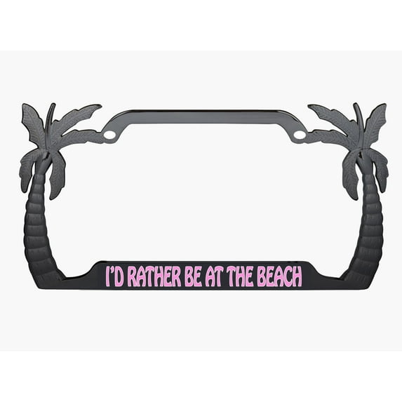 I'd Rather Be at The Beach Style Palm Tree Heavy Duty Metal License Plate Frame Personalise/Car Accessories Car Tag Holder Cover (Black/L.Pink)