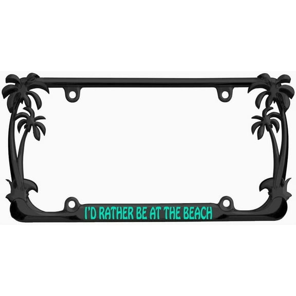 I'd Rather Be at The Beach Style Palm Tree Heavy Duty Metal License Plate Frame Personalise/Car Accessories Car Tag Holder Cover (Black/Turquoise)
