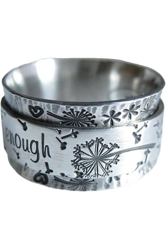 "I am enough" Cute Silver Meditation Dandelion Women Rings,Fashion Chunky Rings for Men Size 5-10, Best Mother's Day Rings, Giving Women The Unique Gift