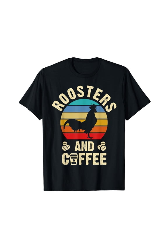 I like Roosters & Coffee Funny vintage Pet theme lover gift Crew Neck Black T-shirt