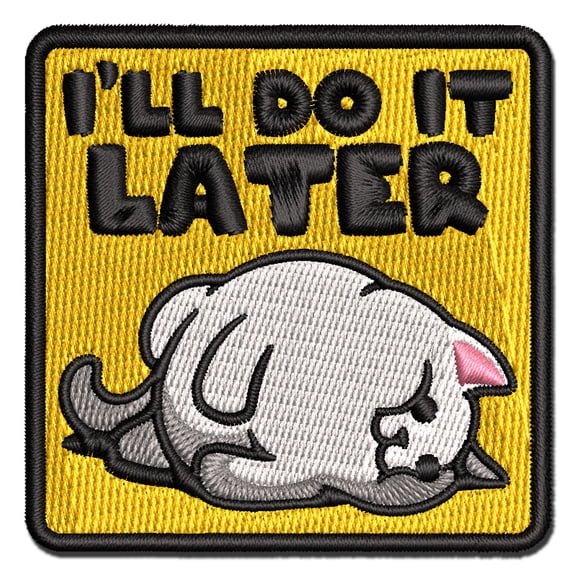 I'll Do It Later Lazy Cat Applique Multi-Color Embroidered Iron-On Patch - 2.5 Inch Small