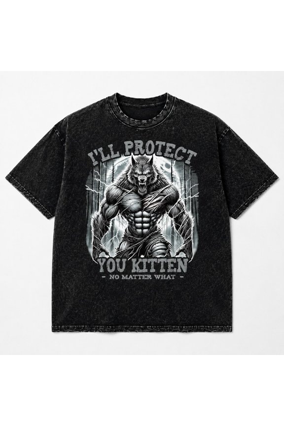 I'll Protect You Kitten Werewolf Graphic Tee Mineral Washed Unisex Cotton T-Shirt