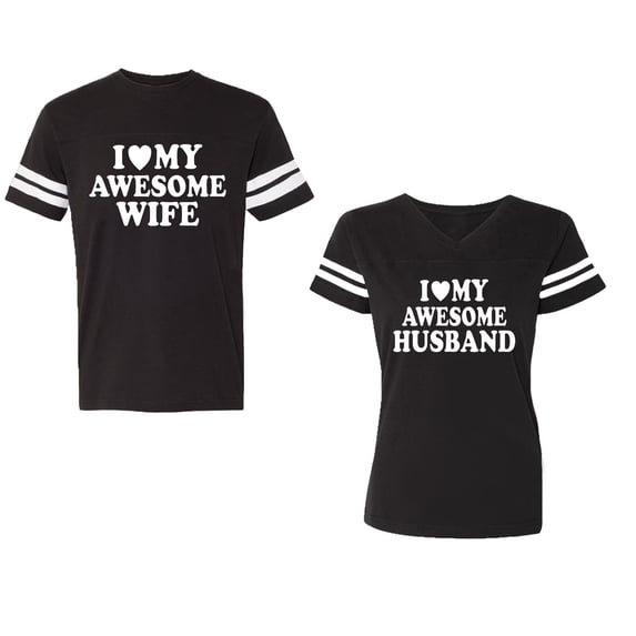 I love My Awesome Husband wife Unisex Couple Matching Cotton Jersey style T-Shirt Contrasting stripes on sleeves (Men Black / Women Black) (Men L / Women M)
