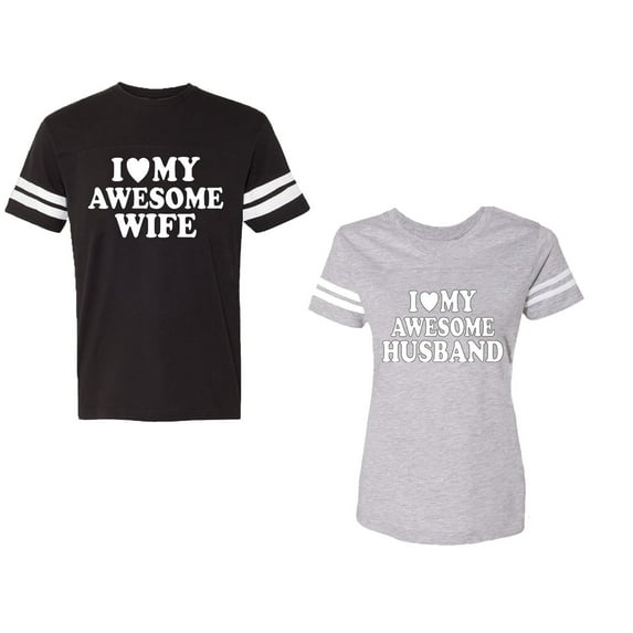 I love My Awesome Husband wife Unisex Couple Matching Cotton Jersey style T-Shirt Contrasting stripes on sleeves (Men Black / Women Heather) (Men S / Women S)