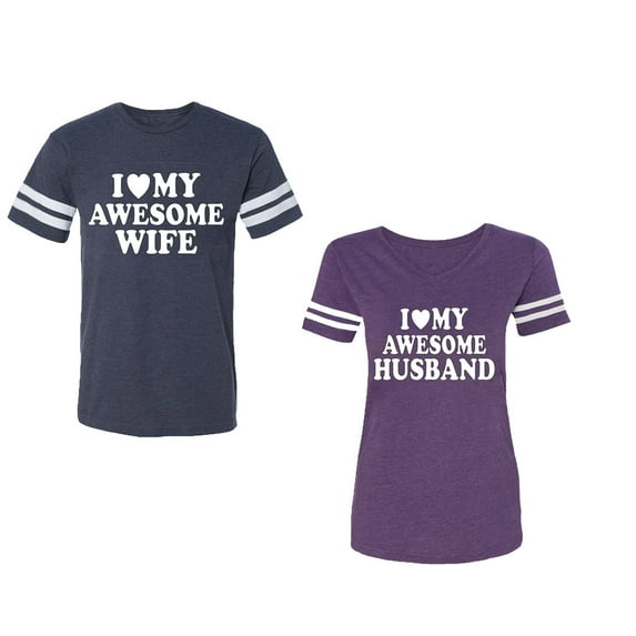 I love My Awesome Husband wife Unisex Couple Matching Cotton Jersey style T-Shirt Contrasting stripes on sleeves (Men Navy / Women Purple) (Men XXXL / Women XXL)