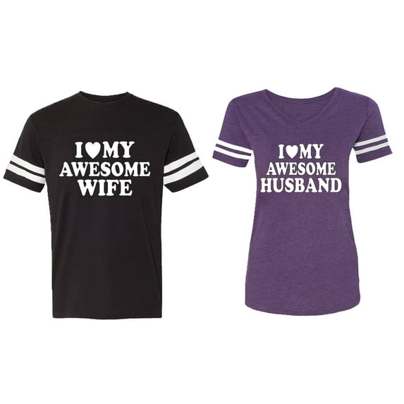 I love My Awesome Husband wife Matching Couple Cotton Jerseys (Men Black / Women Purple) (Men S / Women XXL)