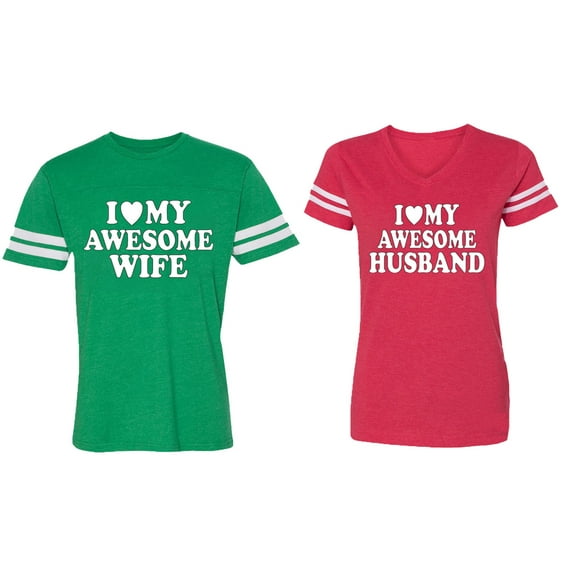 I love My Awesome Husband wife Matching Couple Cotton Jerseys (Men Green / Women Red) (Men XXL / Women XL)